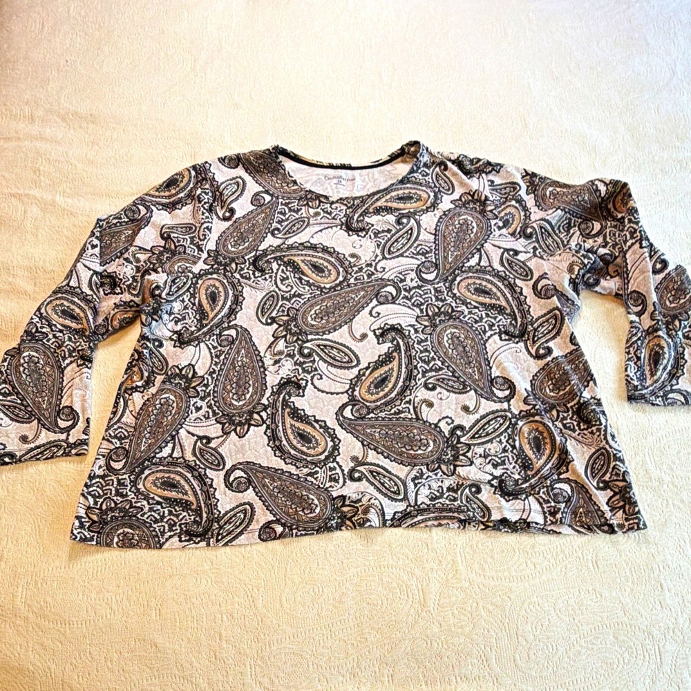 Croft & Barrow Women’s Plus 3X Black White Gray Paisley Knit Cotton 3/4 Top